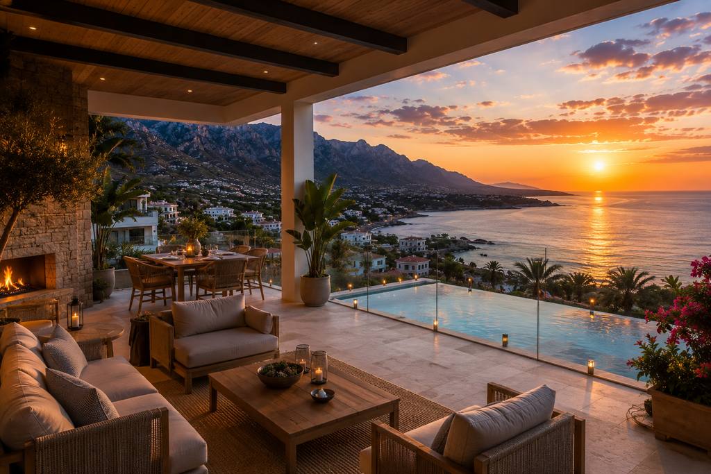 Abendstimmung auf einer Terrasse mit Infinity-Pool und Meerblick in Nordzypern